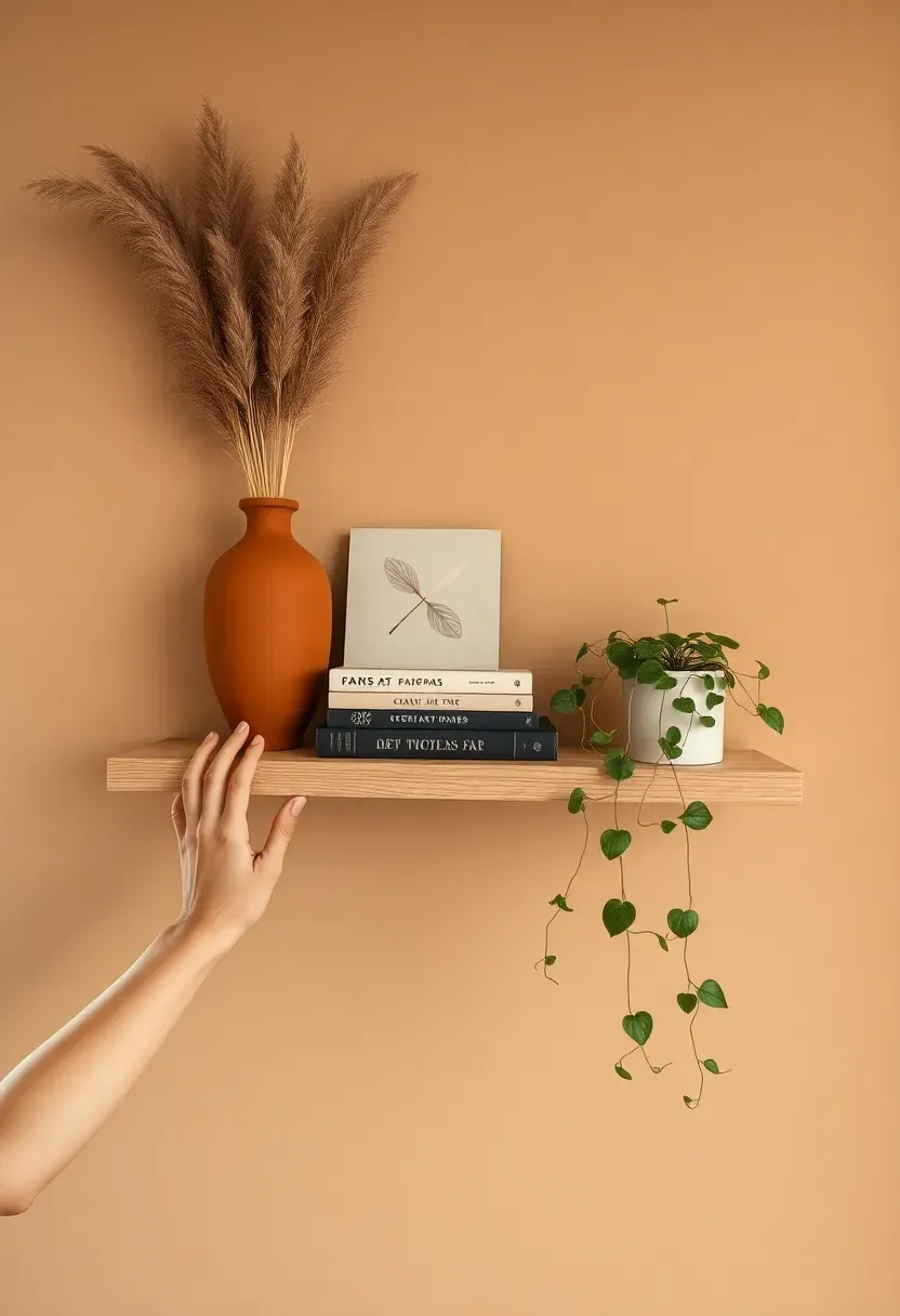 Hands styling a light oak floating wall shelf with a matte terracotta vase holding dried pampas, a small stack of art books with spines inward, and a trailing pothos in a white ceramic pot
