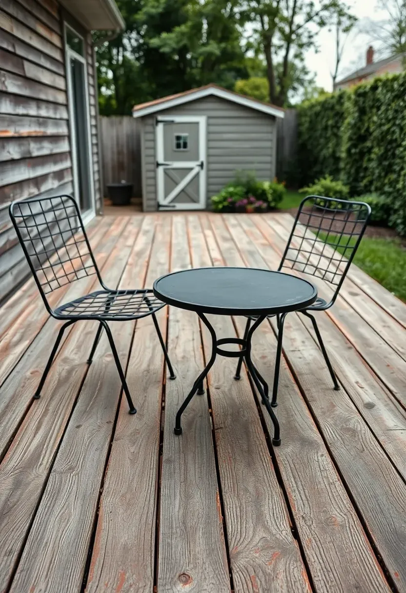 A rustic backyard deck built from salvaged barn wood planks with visible nail holes and weathered patina, furnished with metal café chairs