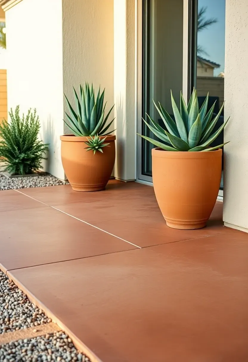 Freshly stained concrete patio in warm terracotta tones with potted succulents along the edges