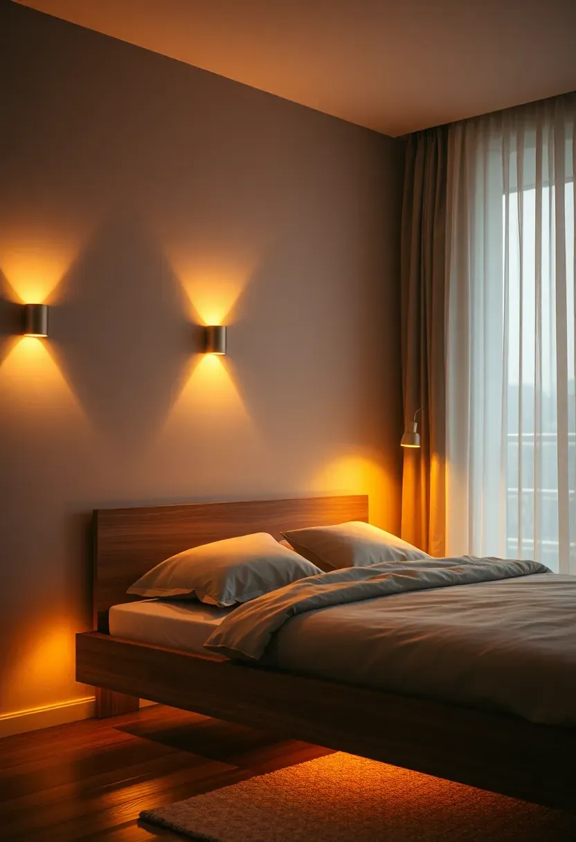 bedroom with integrated smart lighting system showing warm dim evening mode with automated curtains