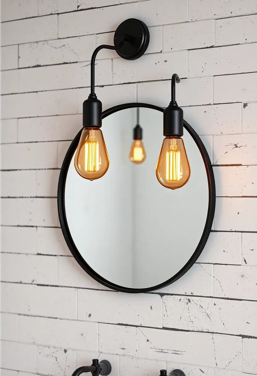 Pair of matte black industrial wall sconces with exposed Edison bulbs flanking a round mirror in a bathroom with subway tile