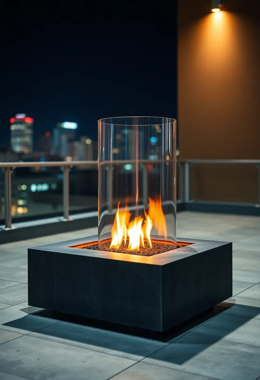A modern propane firepit with a clear tempered glass wind guard on a rooftop patio at night with city views