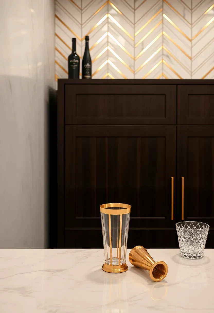 geometric brass inlay tile backsplash with art deco pattern behind an upscale home bar