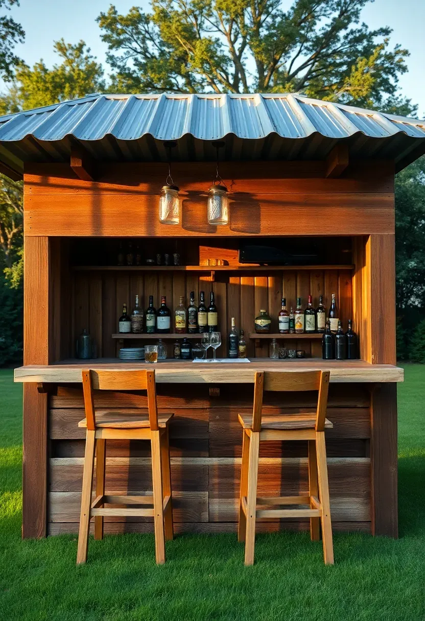 Rustic pallet wood outdoor bar with corrugated tin roof, bar stools, mason jar lights, and bottles displayed on back shelves in a green backyard