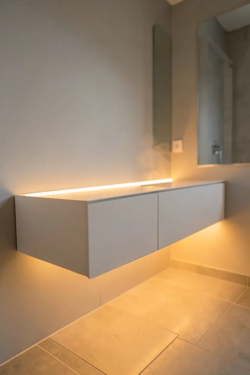 White marble herringbone floor tiles with soft gray veining in an elegant modern bathroom