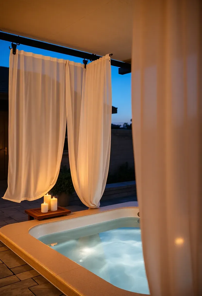 Sheer white outdoor curtains hanging from a black metal ceiling track around a hot tub on a paver patio with candles on a nearby side table at dusk