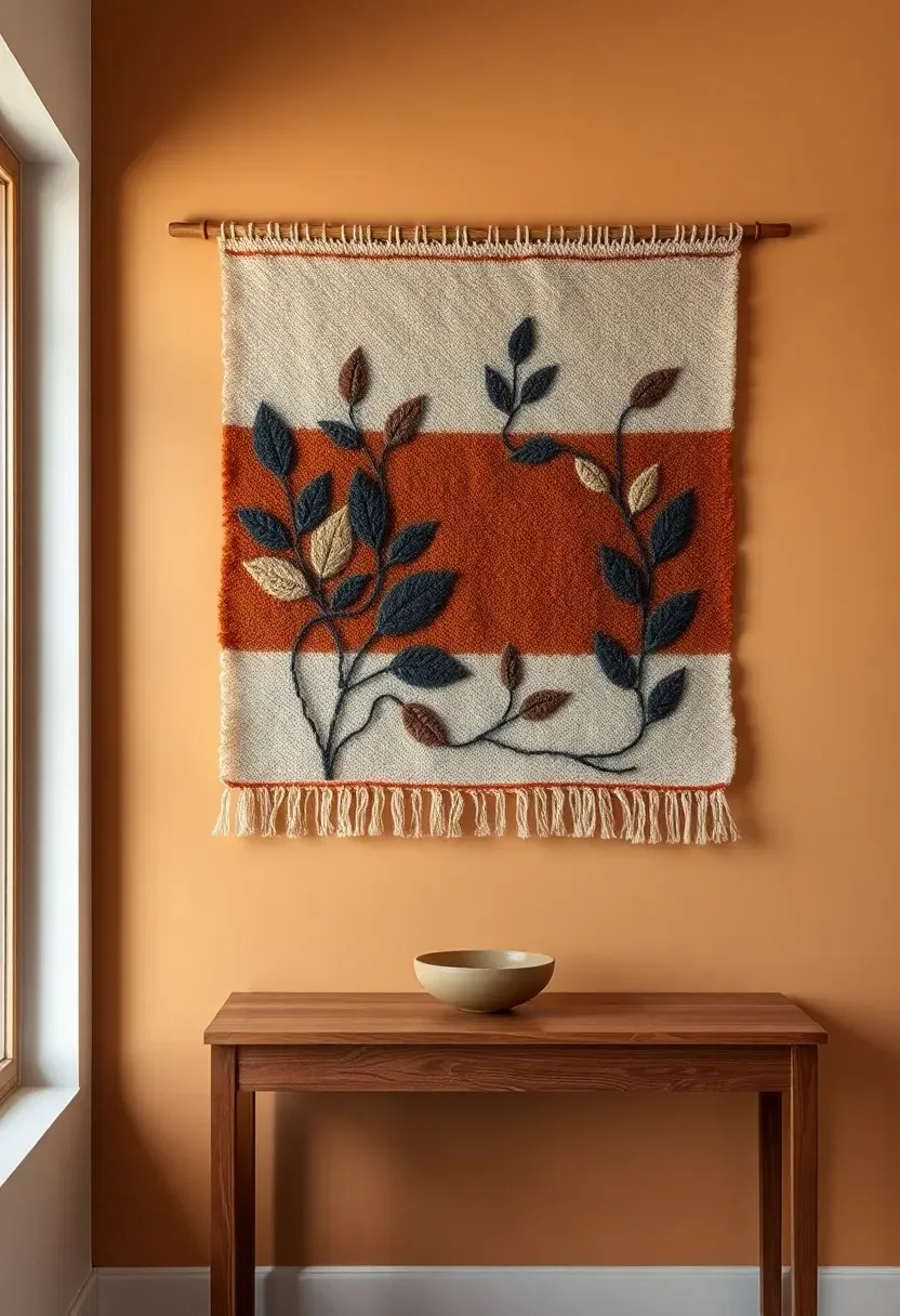 Hand-woven textile wall hanging with botanical pattern in earthy tones on a plaster wall