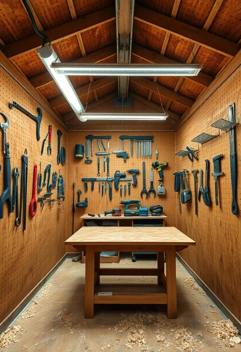 Interior of a well-organized workshop shed with tools hanging on pegboard walls, a central workbench, overhead lighting, and sawdust on the floor