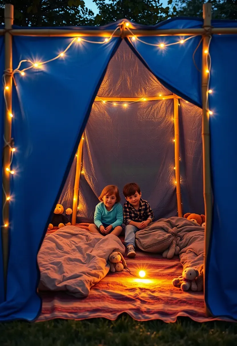 Children playing inside a backyard fort made from blue tarps and wooden poles with battery-operated string lights inside and stuffed animals scattered around