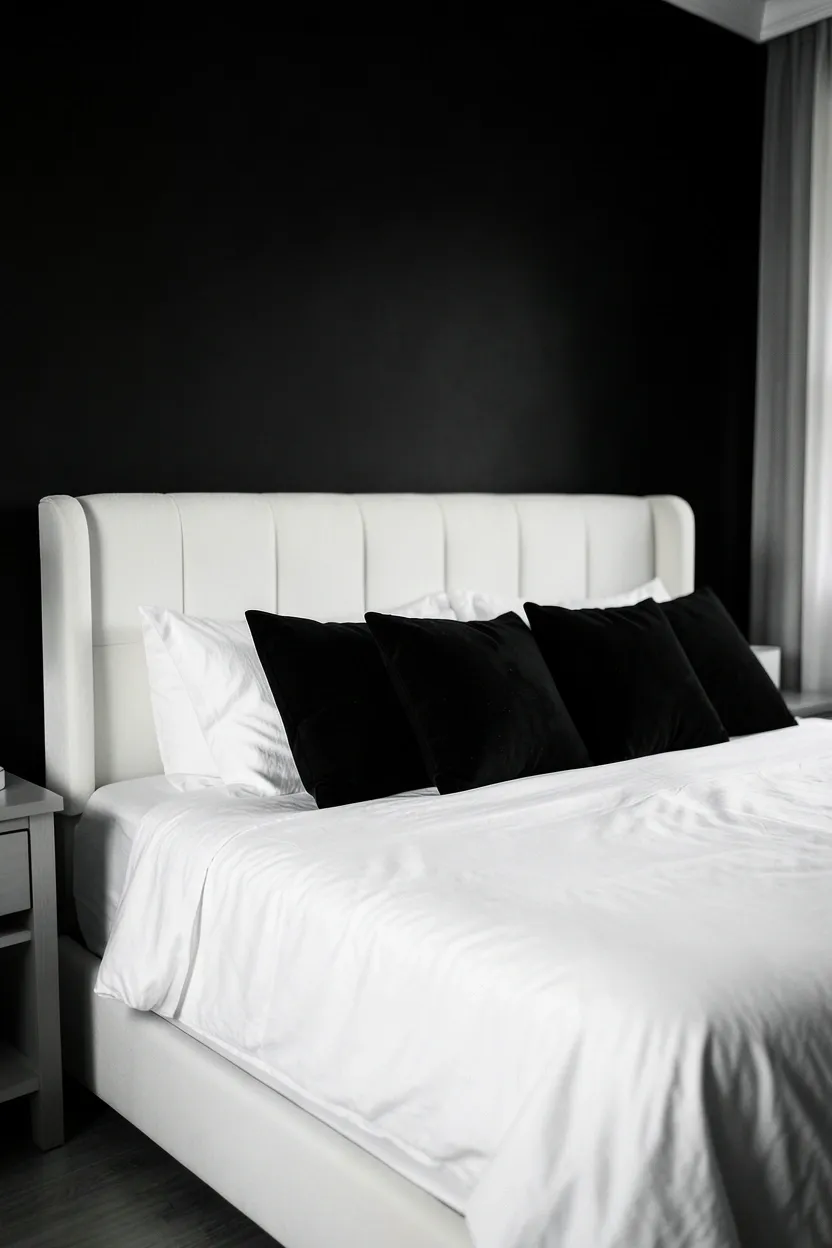 Matte black accent wall behind a bed with crisp white linen bedding and white pillows in a rental bedroom