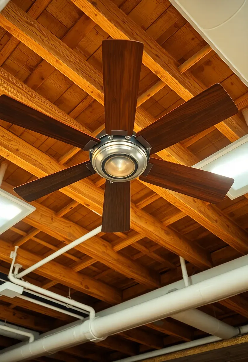 Industrial ceiling fan mounted between exposed joists in a basement gym with ductwork visible and bright LED panel lights