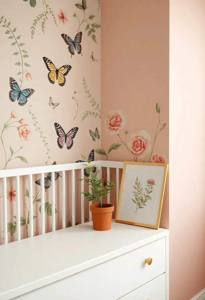 butterfly and garden themed nursery for baby girl with floral and butterfly wall decor
