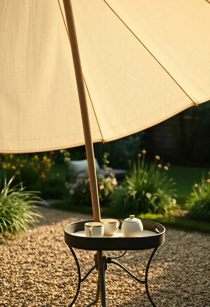 Linen shade parasol tea table