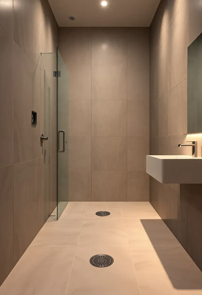 Wet room bathroom with fully tiled continuous floor, linear drain, and open barrier-free shower area for a spa-like modern luxury look