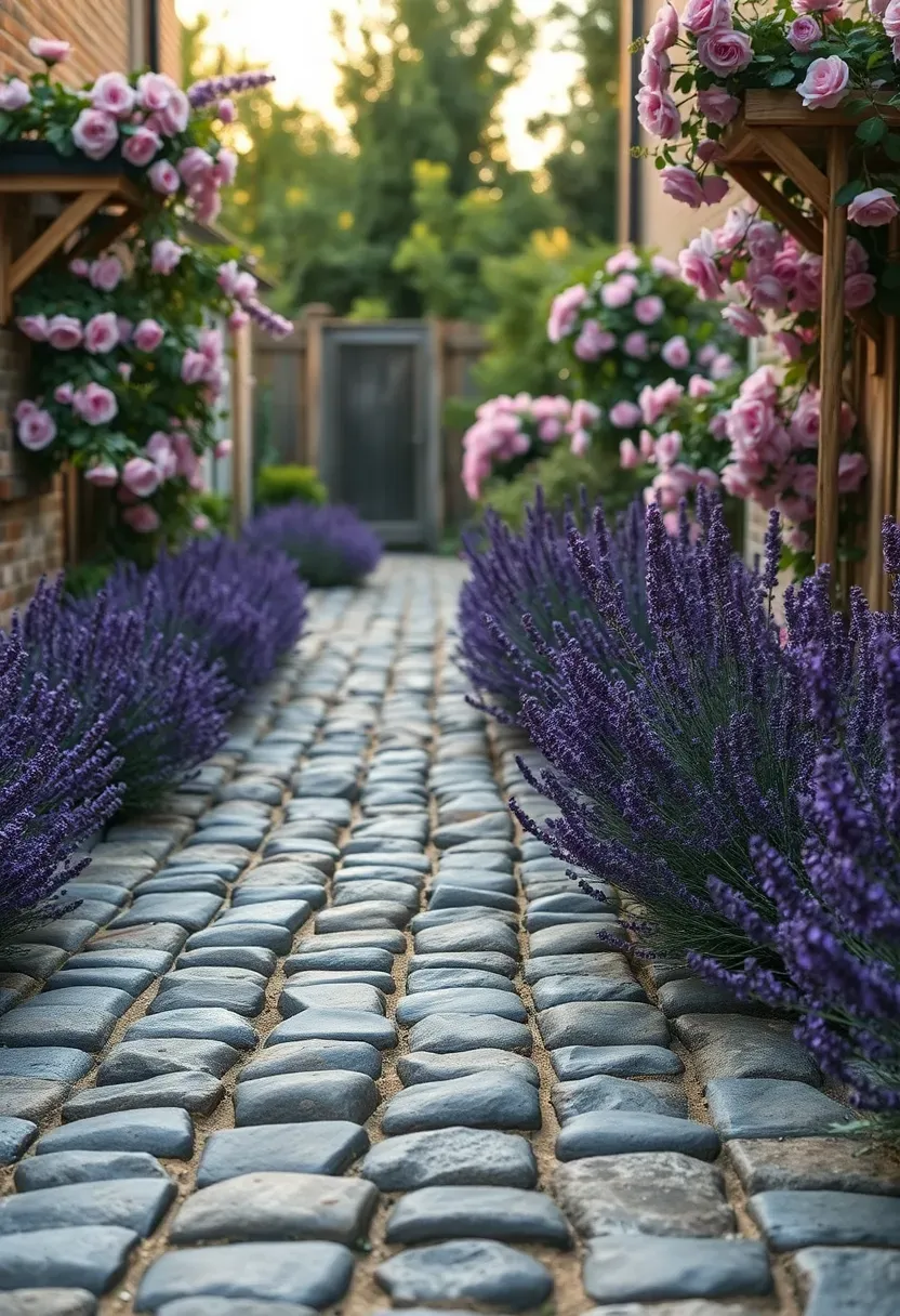 A charming cobblestone walkway in a cottage-style backyard garden with lavender and roses bordering both sides