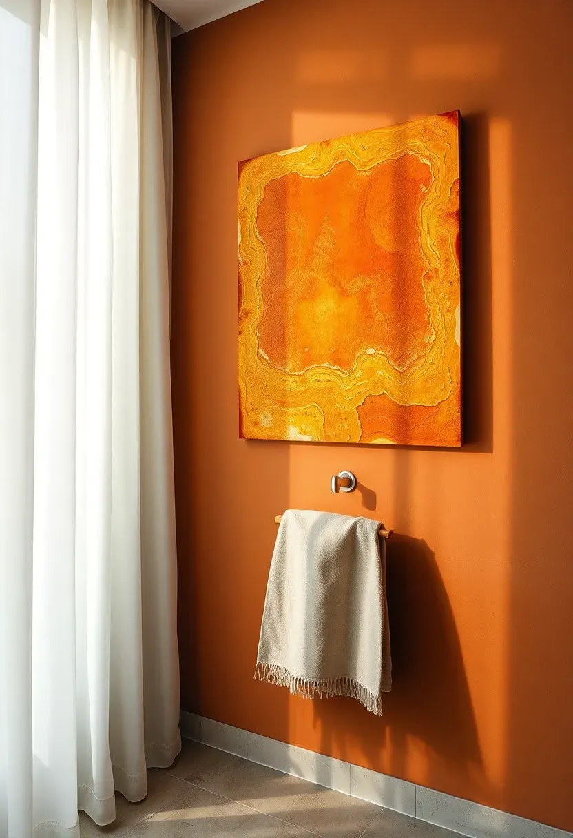 Textured encaustic wax painting in warm amber and ochre tones with layered surface mounted on a terracotta bathroom wall
