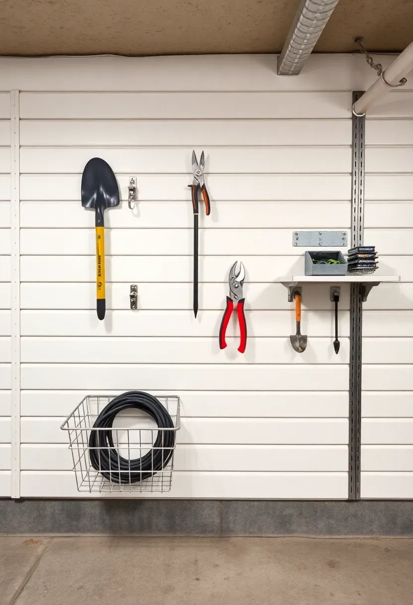 Slatwall panel system on a basement wall with hooks holding garden tools, extension cords, and storage baskets
