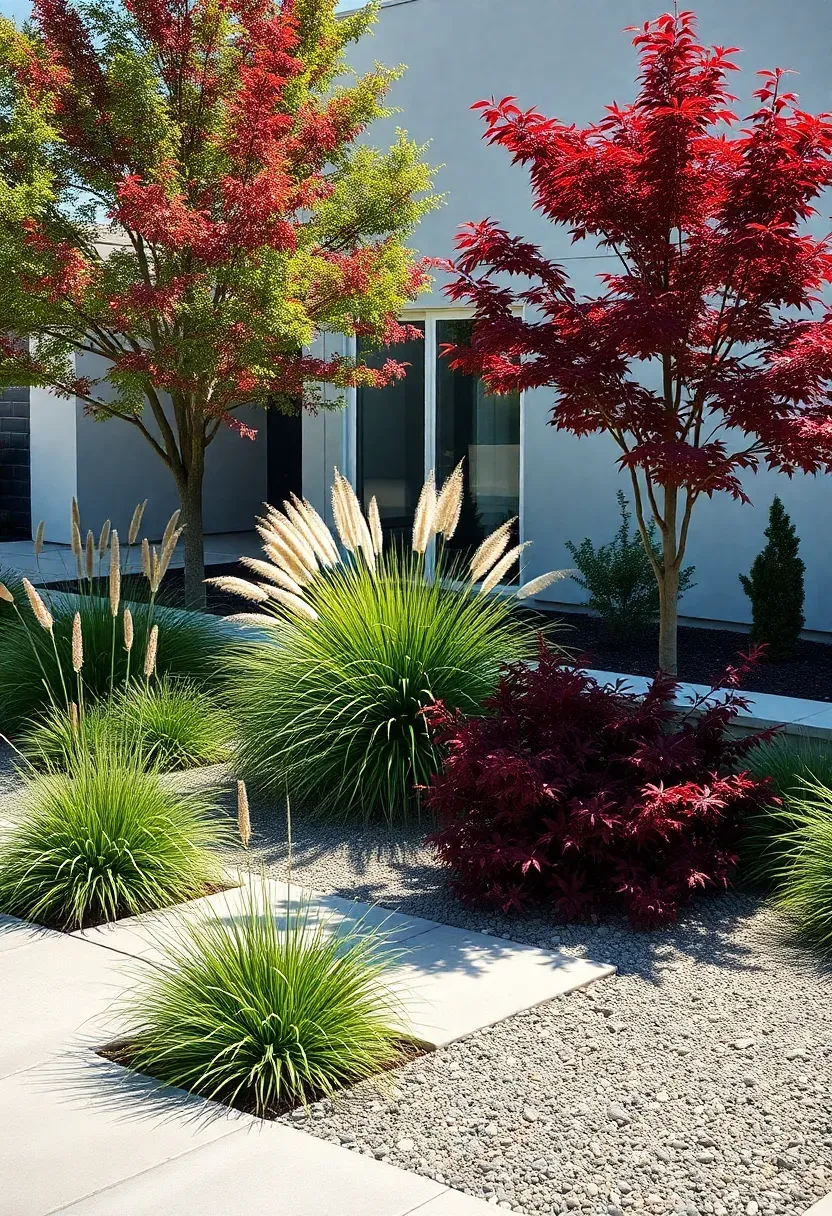 Hyper-realistic 3/4 view of a modern minimalist front yard with architectural ornamental grasses, concrete pavers, and three specimen Japanese maple trees. Materials: smooth concrete pavers, decomposed granite, red maple foliage. Bright midday light casting crisp shadows, monochromatic green and burgundy color scheme. Balanced geometric layout with negative space between plants. Visible contemporary home with floor-to-ceiling windows. No text, no logos, no watermarks.</p>