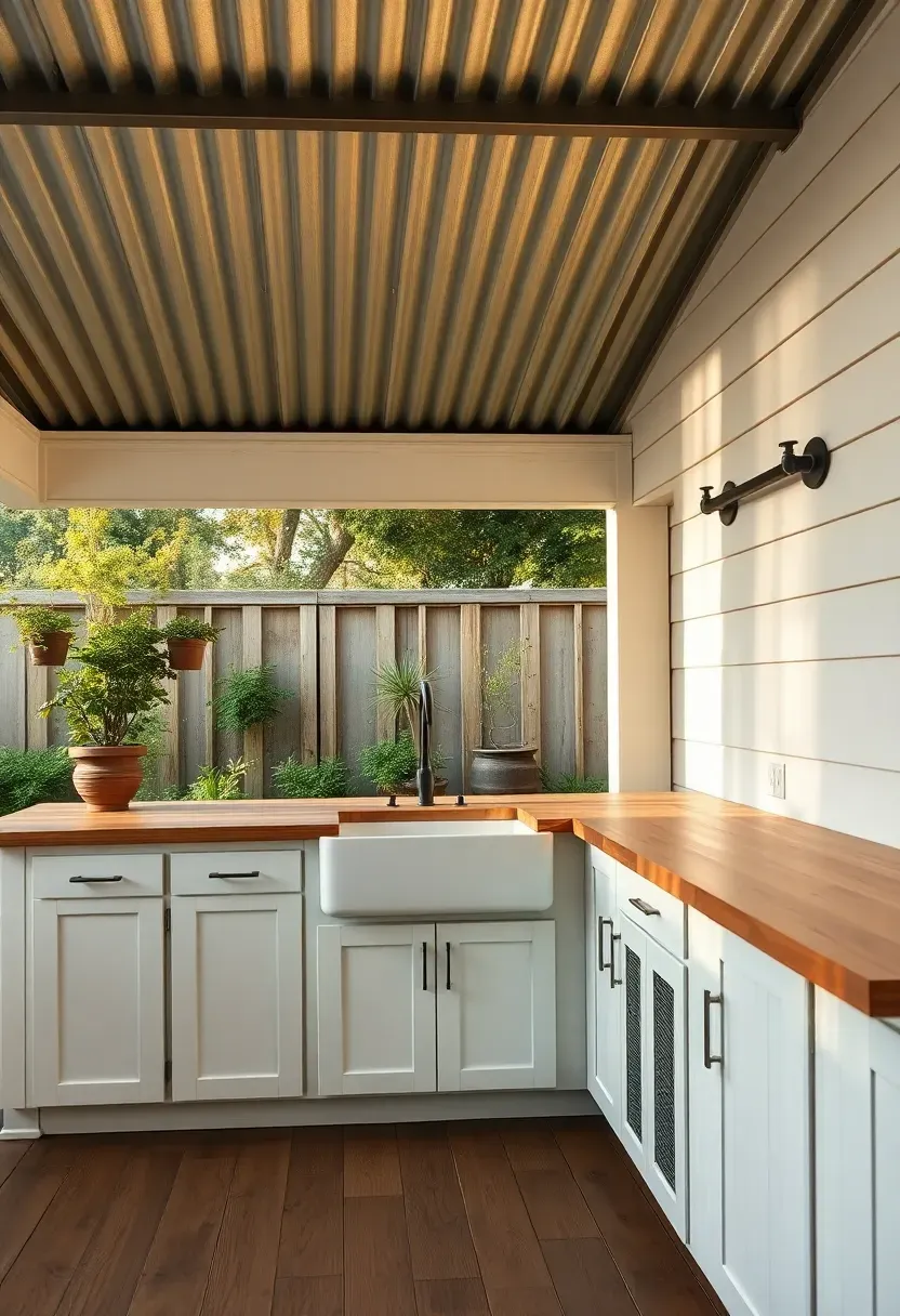 Farmhouse outdoor kitchen with shiplap-clad base cabinets and a butcher block counter under a corrugated metal roof