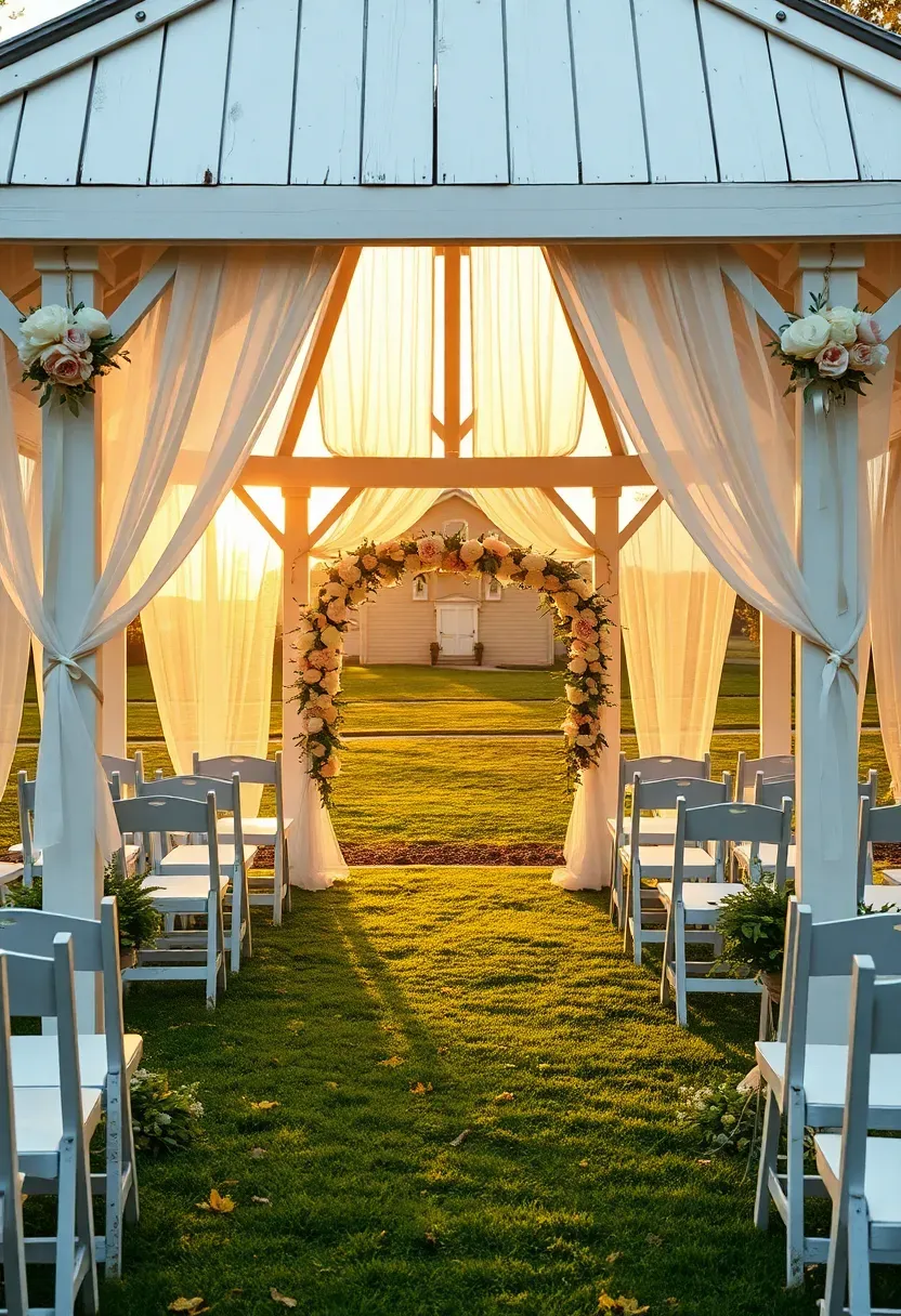 A beautifully decorated white gazebo set up for a wedding ceremony with draped sheer fabric, floral arrangements on the posts, rows of chairs on a manicured lawn, and a garden arch at the entrance