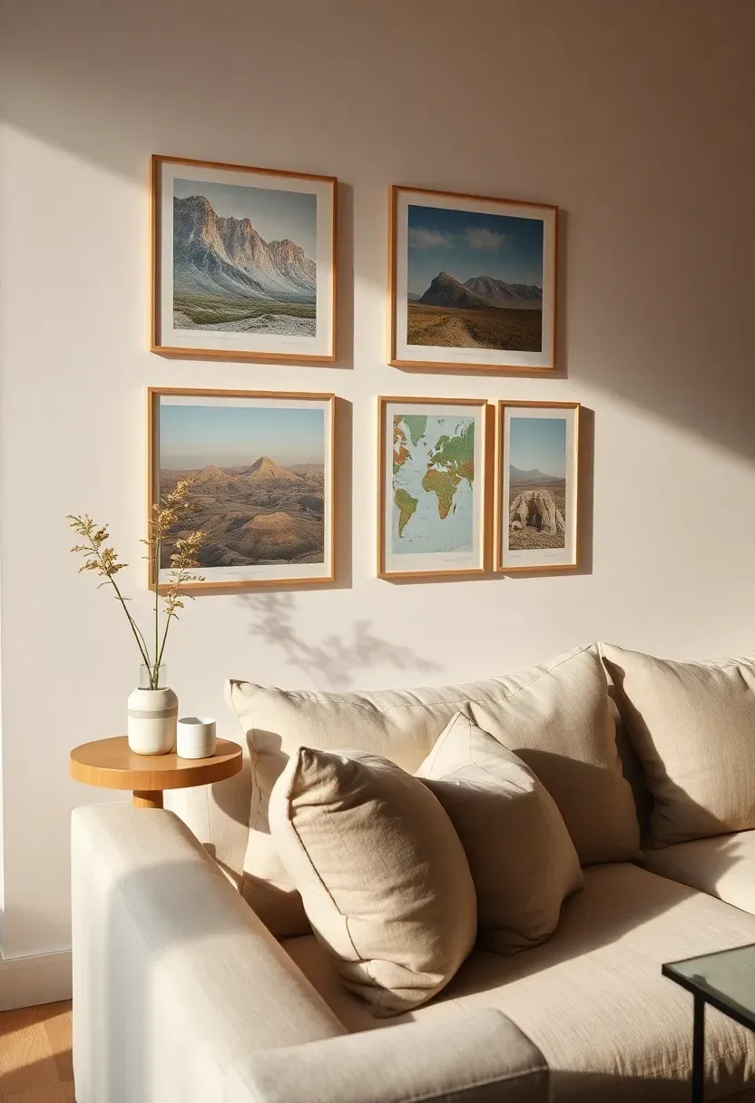 Travel-inspired gallery wall in warm tones