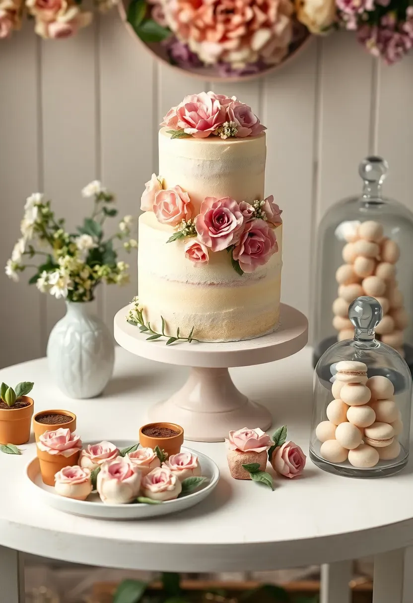 Garden baby shower dessert table with sugar flower cake, chocolate mousse flower pots, and floral cookies