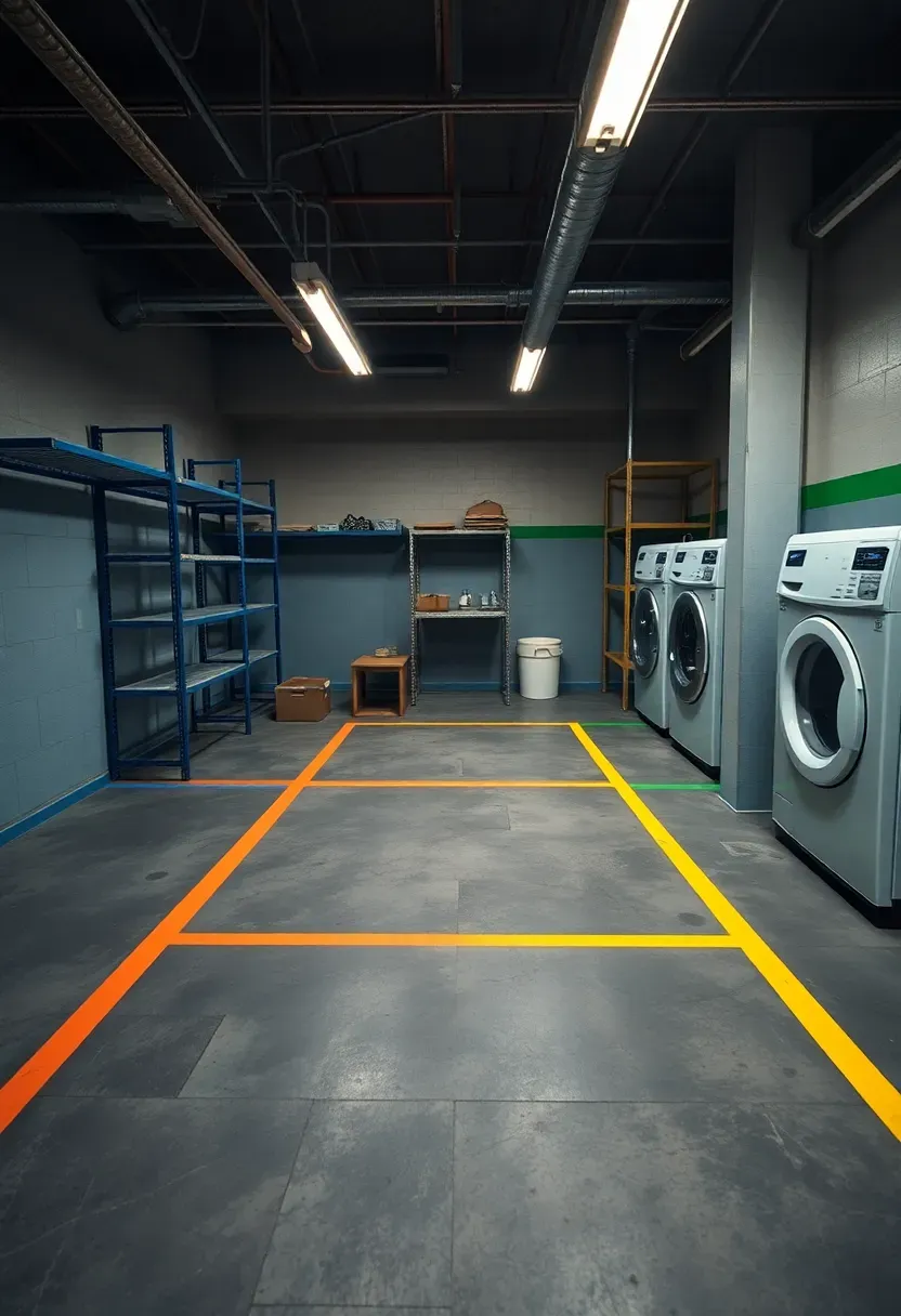Overhead view of a basement divided into distinct zones with colored floor tape marking storage, laundry, and workshop areas