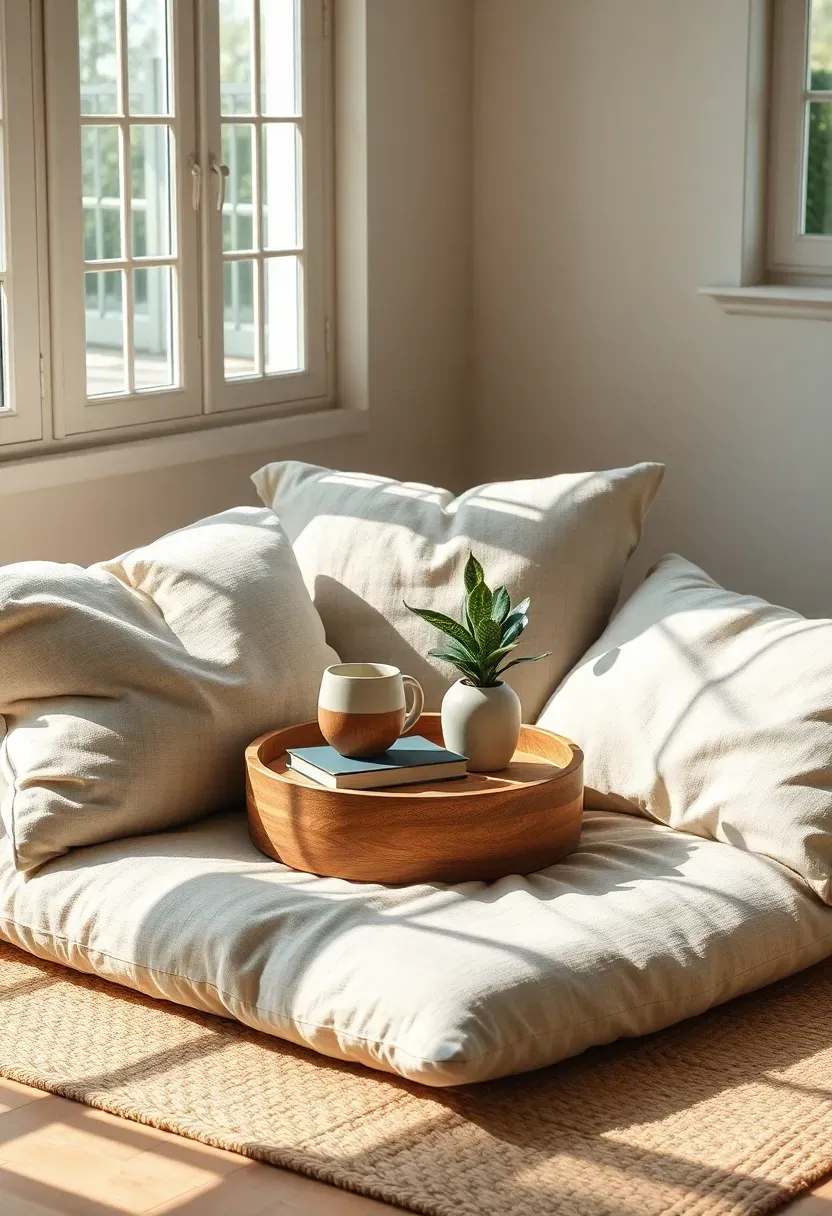 Low floor seating area in a sunroom with oversized linen floor cushions, a round wooden tray table, and a stack of books beside a potted snake plant