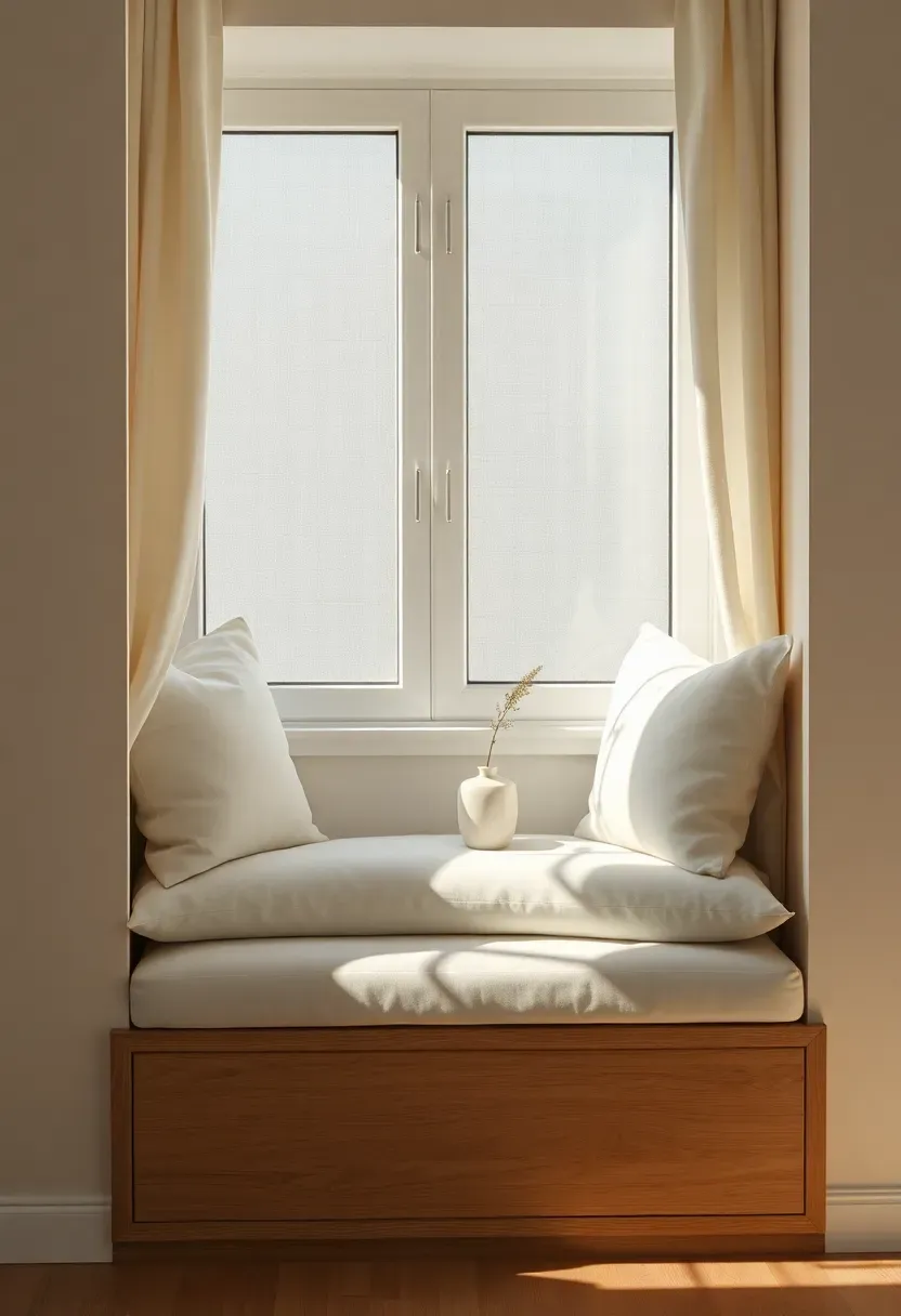 Built-in window seat with light wood base and white linen cushions
