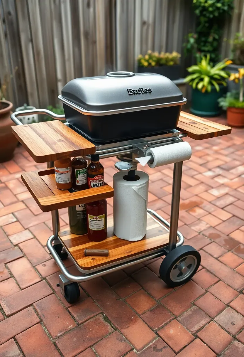Stainless steel portable grill cart with wooden side shelves, condiment rack, and paper towel holder on a brick patio