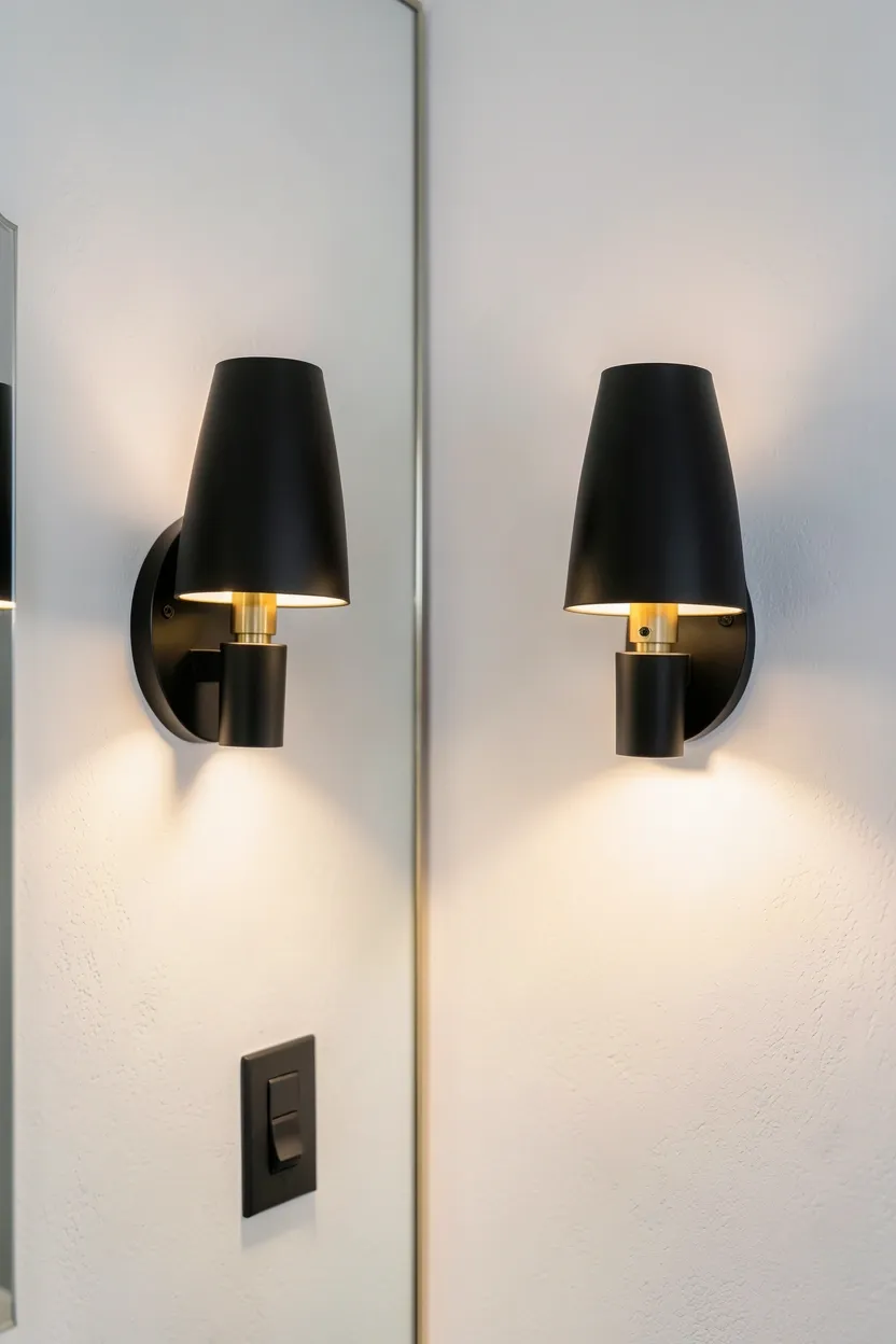Modern brushed gold vanity light bar replacing outdated bathroom fixture — affordable lighting upgrade under $100 for small apartments
