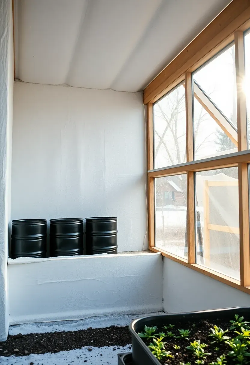 A passive solar greenhouse with an insulated north wall painted white and large south-facing glass panels angled toward winter sun
