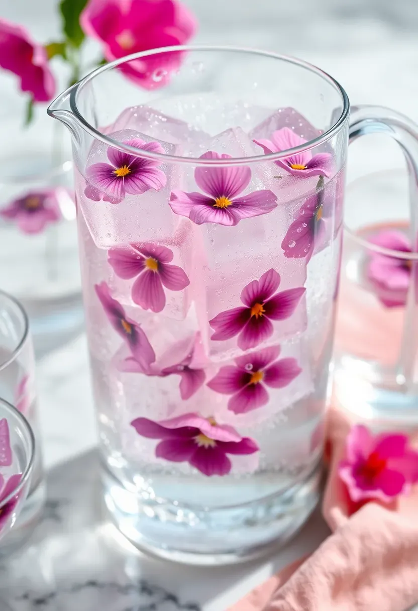 clear ice cubes with frozen edible flowers and rose petals in a glass pitcher filled with sparkling water for a baby shower drink station