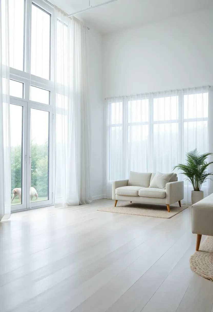 Hyper-realistic 3/4 view of a bright Nordic living room dominated by large windows with minimal sheer white curtains, showing abundant natural light flooding the space with a light wood floor, white walls, simple furniture including a low sofa, and a glimpse of greenery outside. Materials: sheer linen curtains with visible light transmission, white-oak flooring, matte walls, light upholstered furniture. Bright overcast daylight creating soft even illumination throughout, no harsh shadows. Connection to outdoors visible through windows. Clean unobstructed views emphasized by minimal window treatments. Shallow depth of field showing window area foreground with seating and room context beyond. No text, no logos, no watermarks.</p>