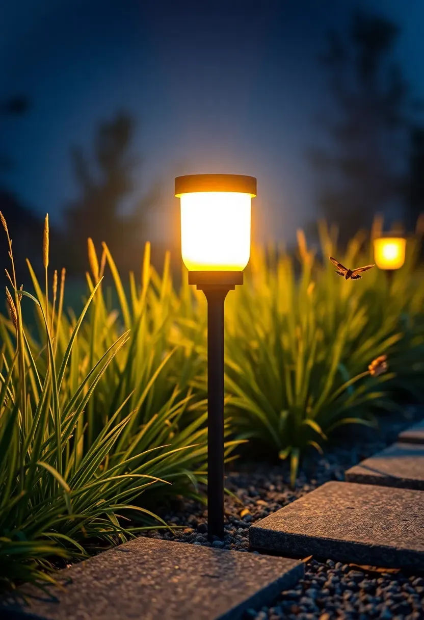 Solar-powered landscape lighting with matte black stake lights glowing amber along a garden path among ornamental grasses at dusk