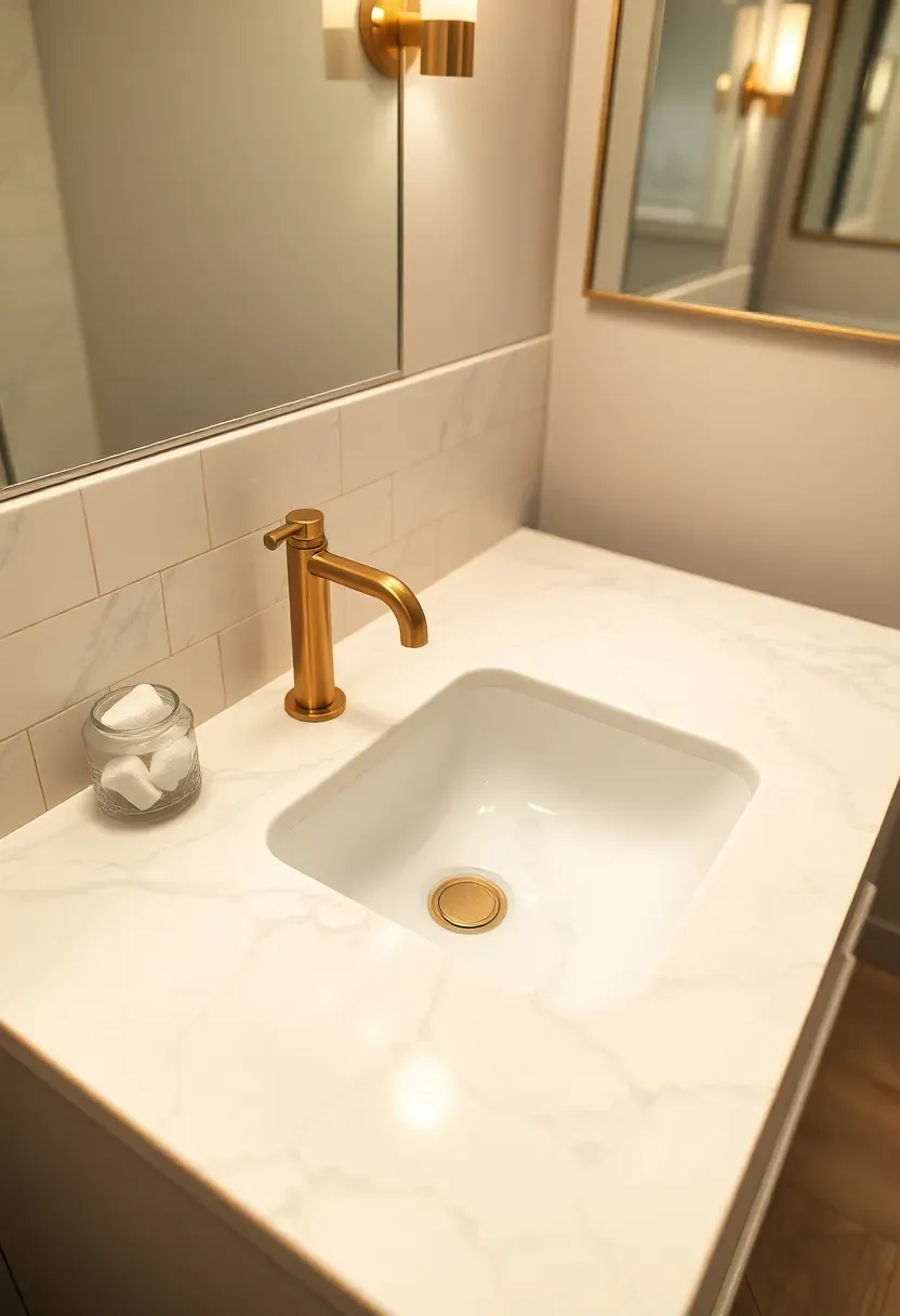 Carrara marble bathroom countertop with soft gray veining on a white vanity with brass faucet