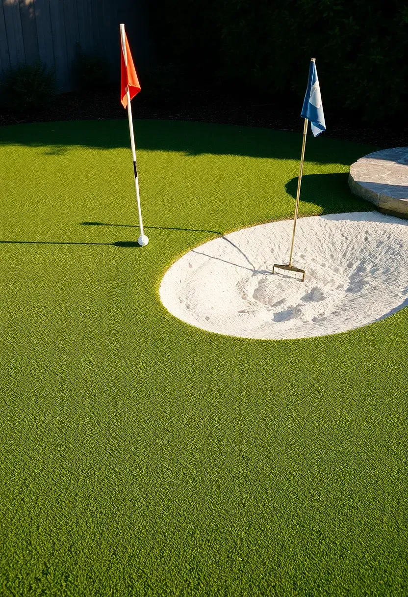 Backyard putting green with a small practice sand bunker on one side filled with white sand and a rake leaning against the edge