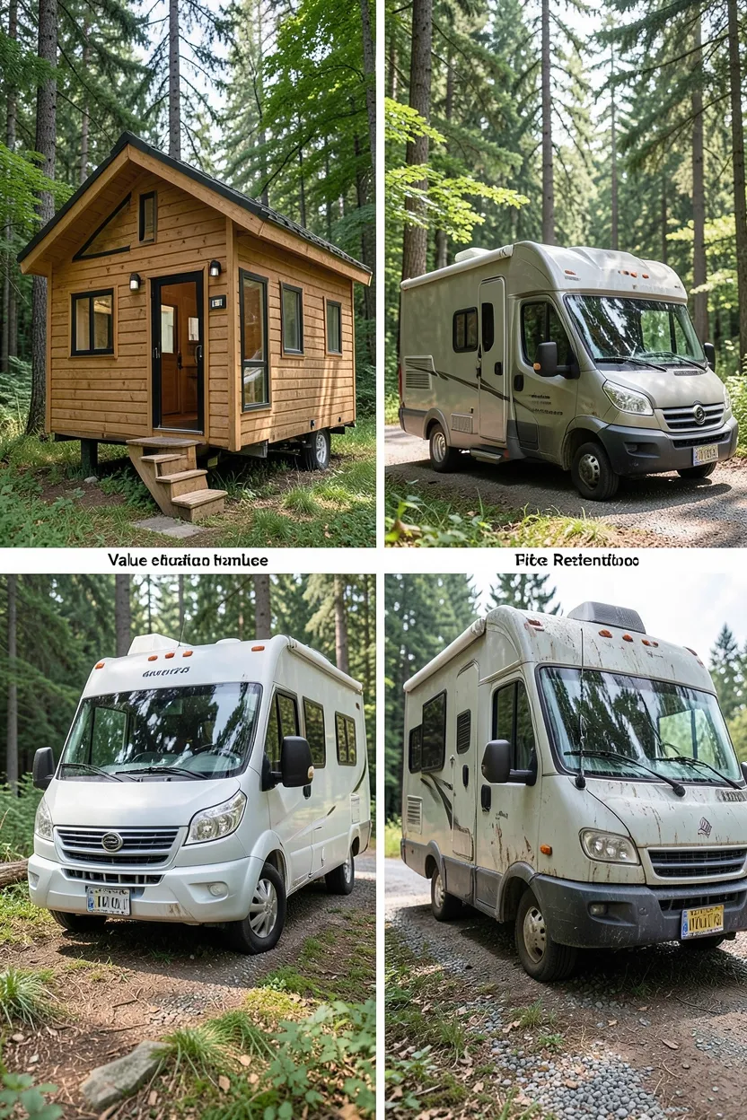 Well-maintained custom tiny house on a wooded lot illustrating long-term value retention compared to a depreciating RV parked nearby