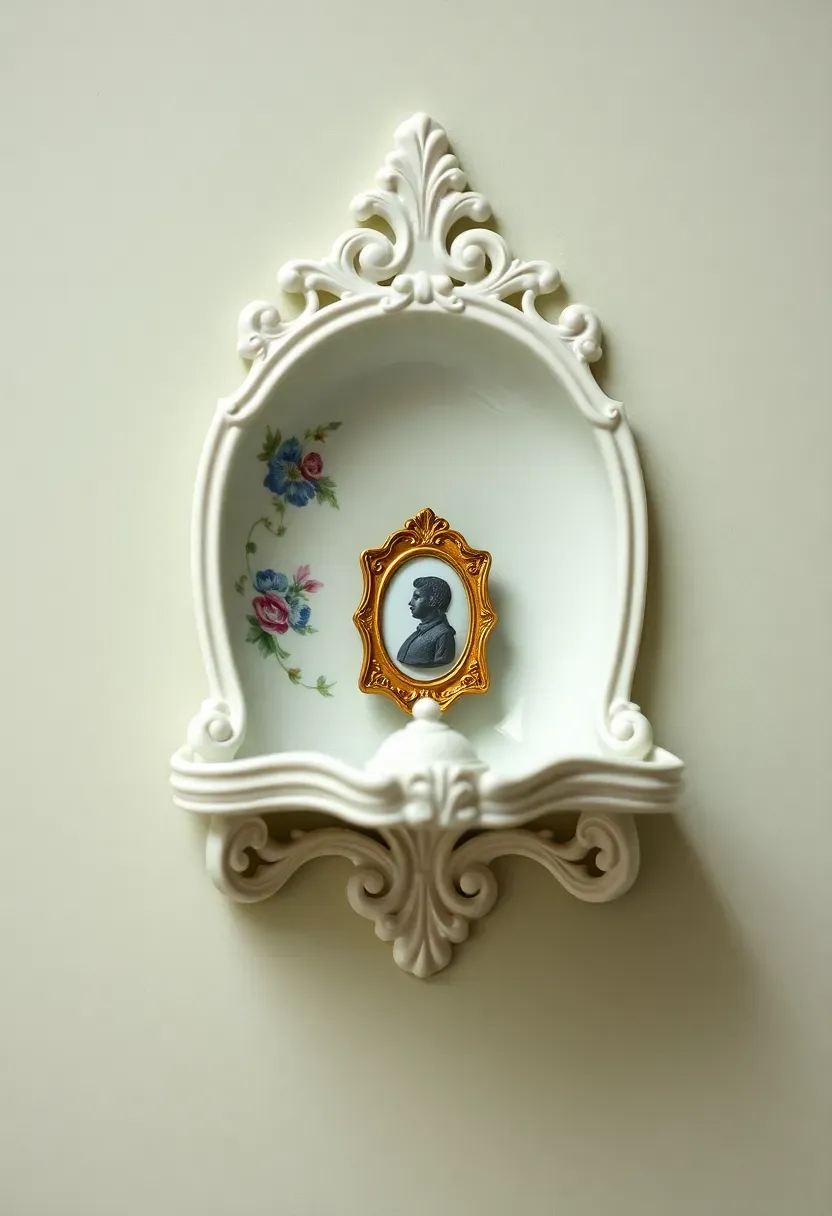 Painted porcelain bracket shelf with hand-painted floral motifs, displaying a collection of miniature porcelain figurines and a small clock