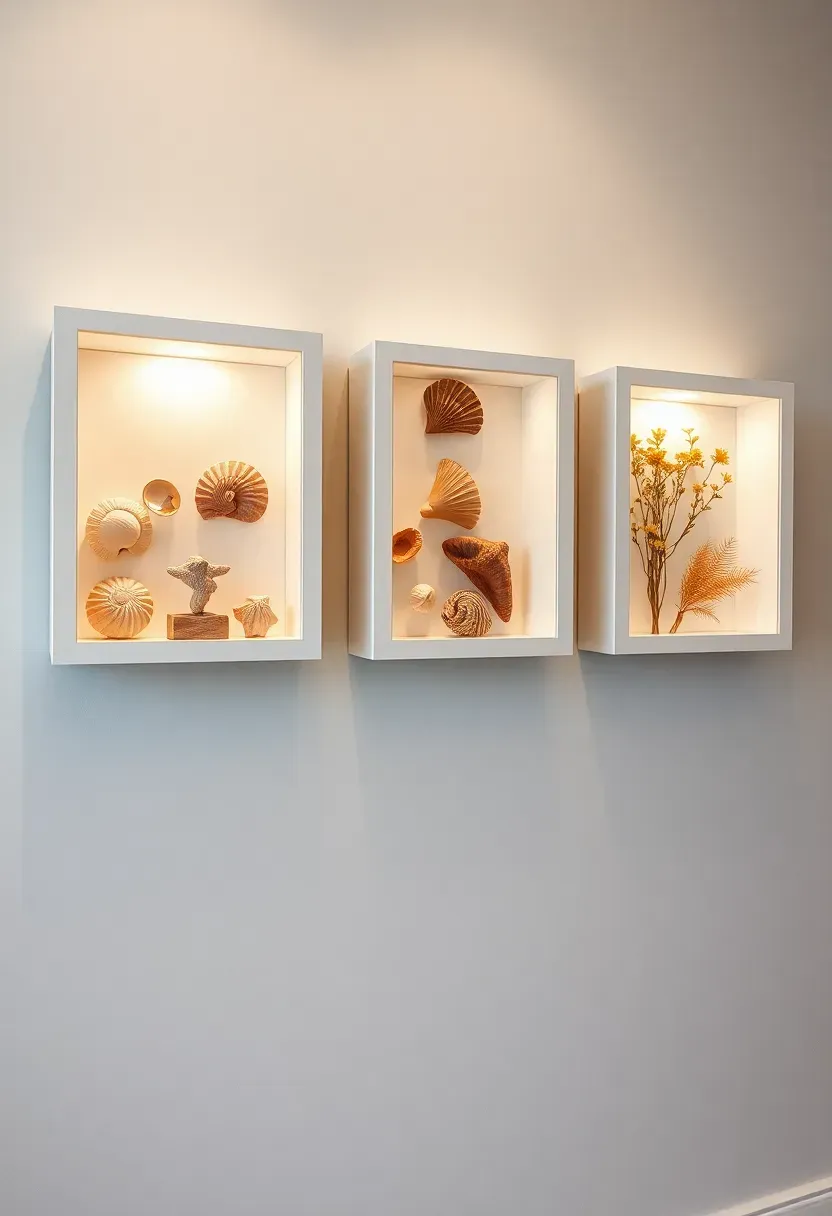Elegant wall-mounted shadow boxes in white displaying curated collections of seashells, small sculptures, and vintage objects with subtle interior lighting