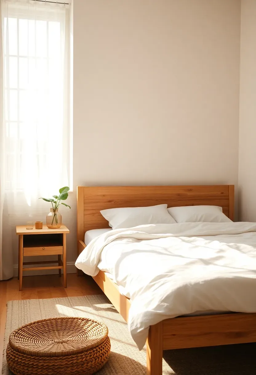 bright airy bedroom with warm white walls a light ash wood bed frame white linen bedding and a single green plant on the nightstand