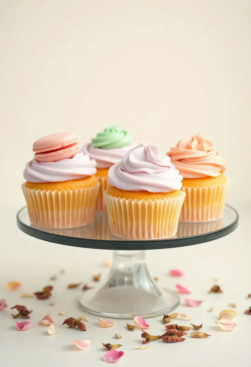 pastel cupcakes each topped with a small French macaron in matching color on a glass cake stand with scattered petals