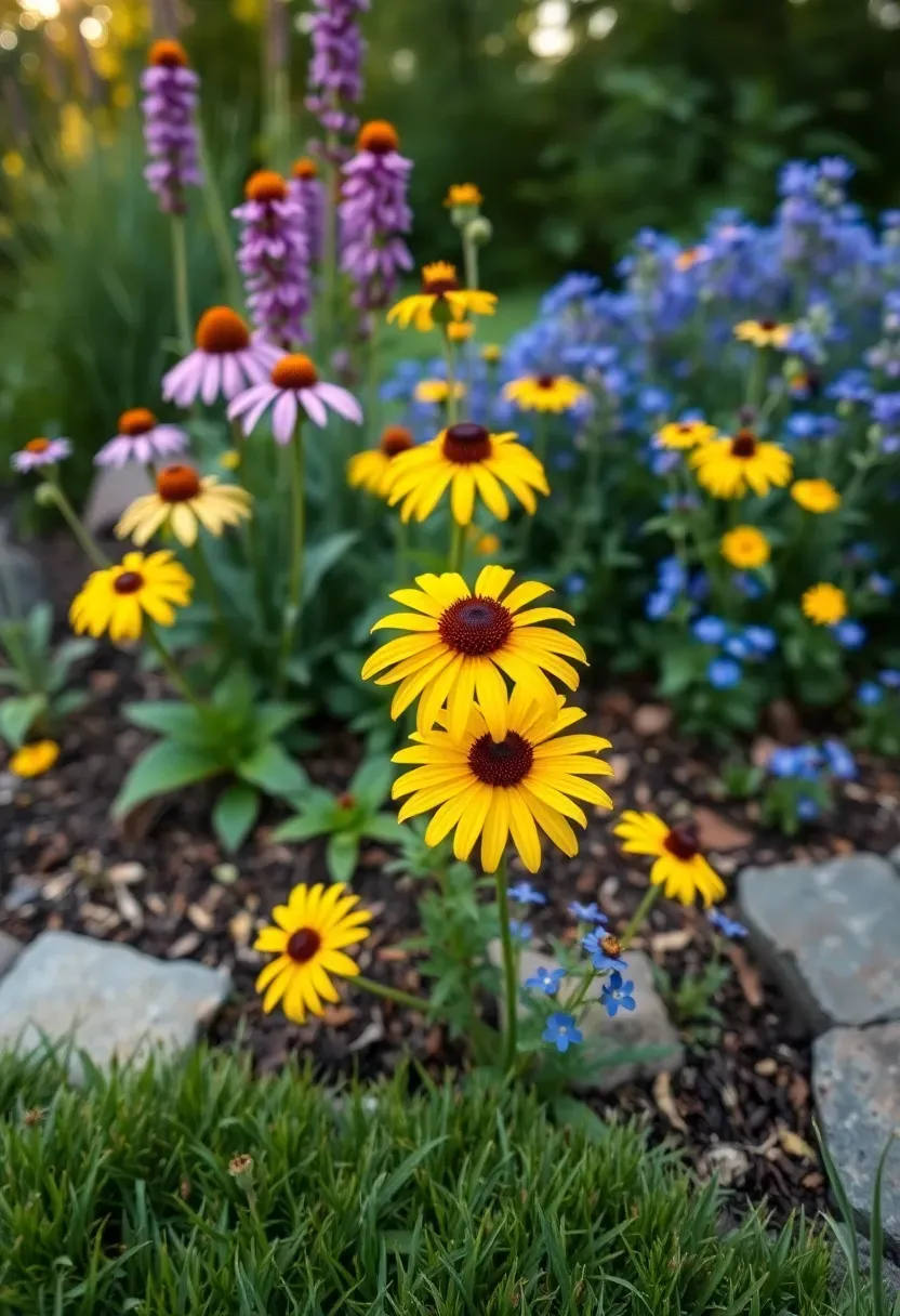 A deep layered perennial border with tall purple coneflowers at the back, mid-height black-eyed Susans, and low catmint at the front edge of a backyard bed