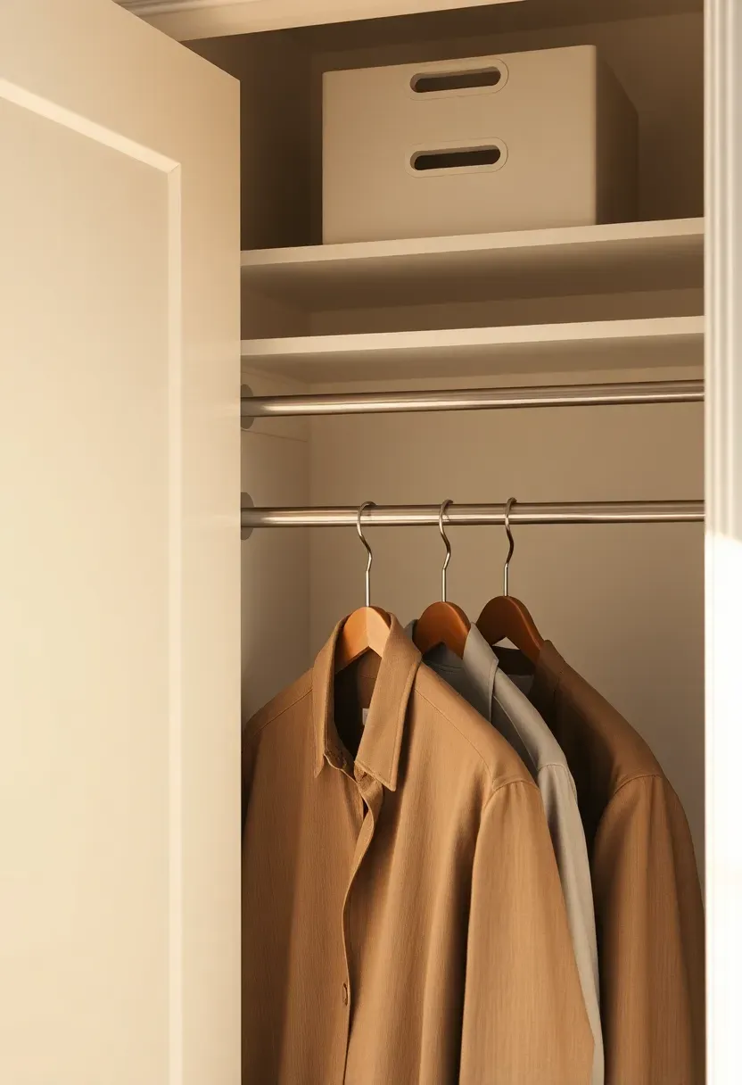 Closet interior with two horizontal hanging rods stacked vertically, shorter garments on top rod and longer items on the bottom, with a small shelf above