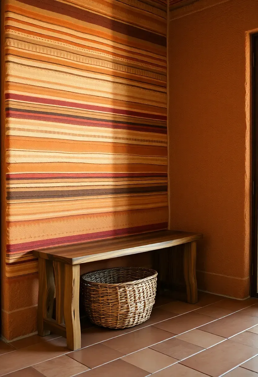 Rustic entryway with a raw earth rammed wall accent showing horizontal striations in layers of terracotta, ochre, sand, and clay tones