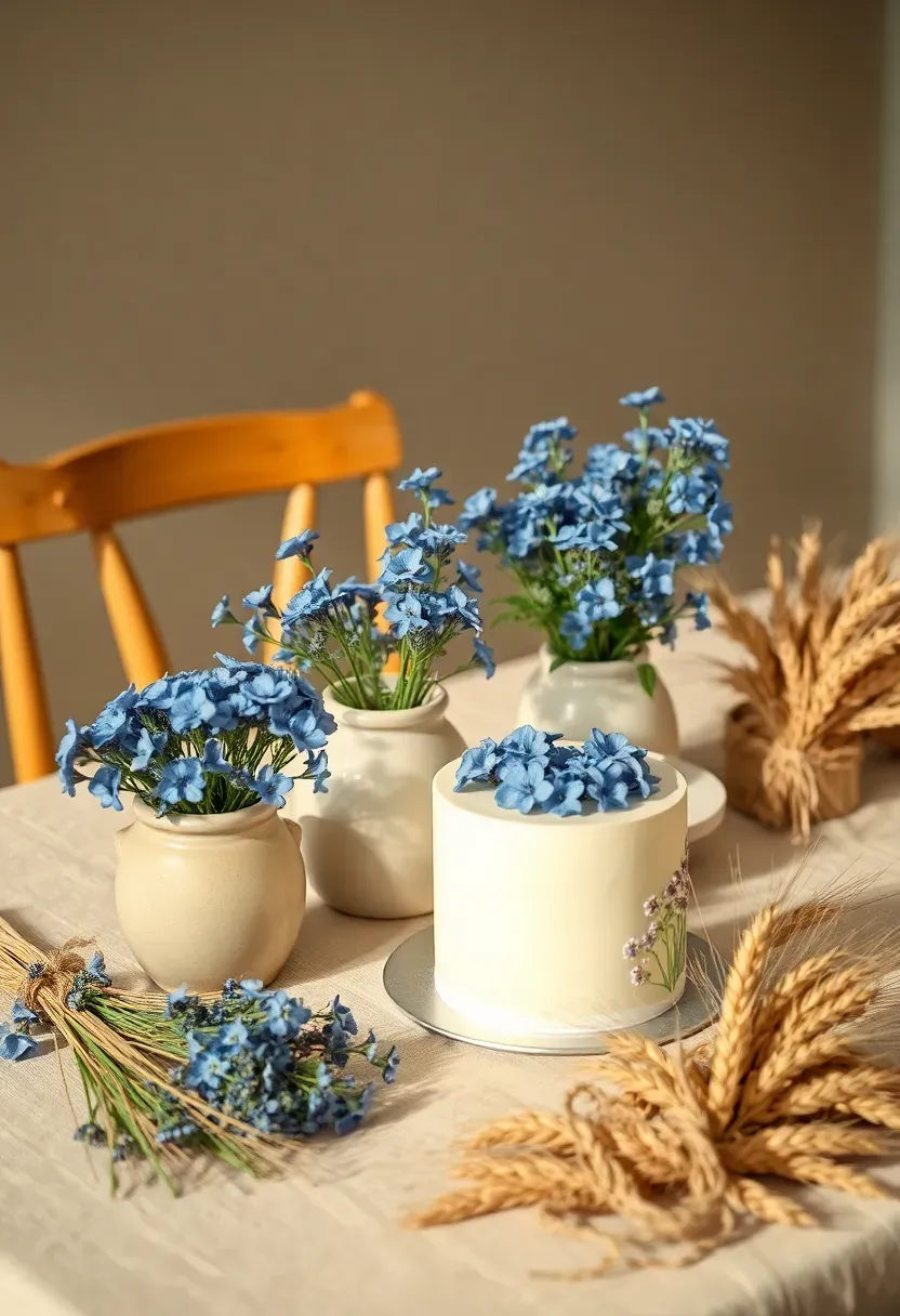 bluebonnet prairie baby shower with blue wildflower arrangements natural linen tablecloth wooden farmhouse chairs dried wheat bundles and a watercolor floral cake
