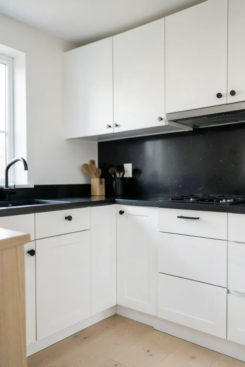 Black and white geometric patterned runner rug in a kitchen, adding softness and visual interest between an island and white perimeter cabinets