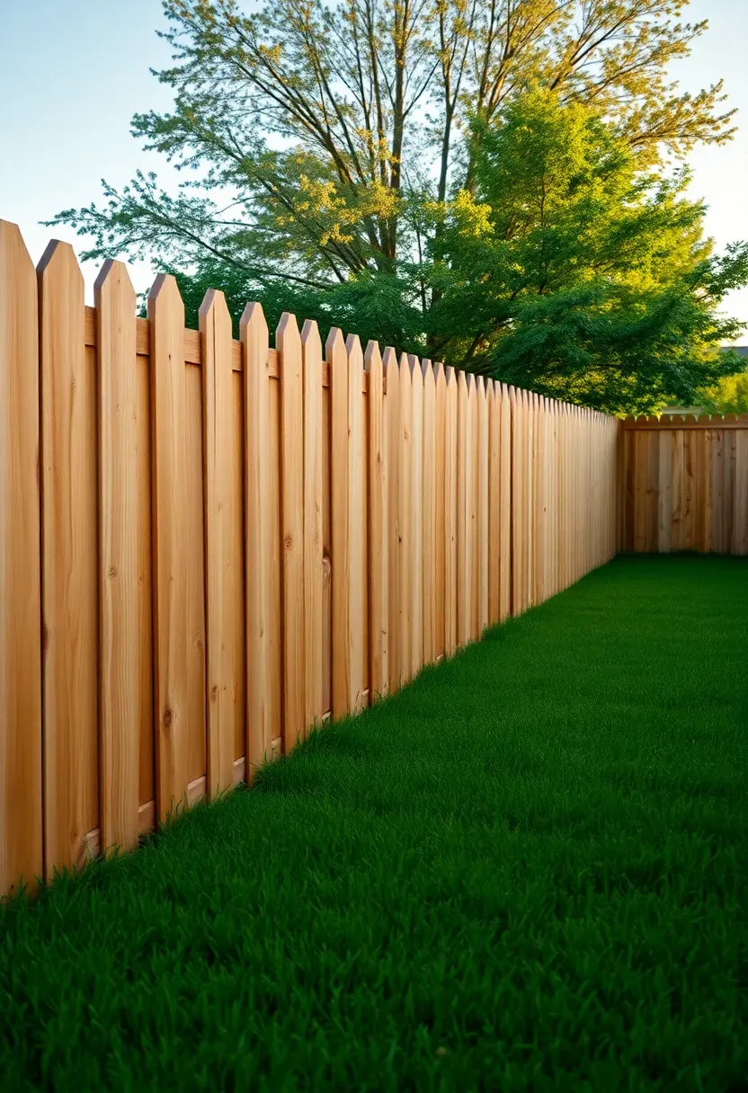 Classic cedar dog-ear fence with warm golden wood tone running along a green backyard with trimmed grass