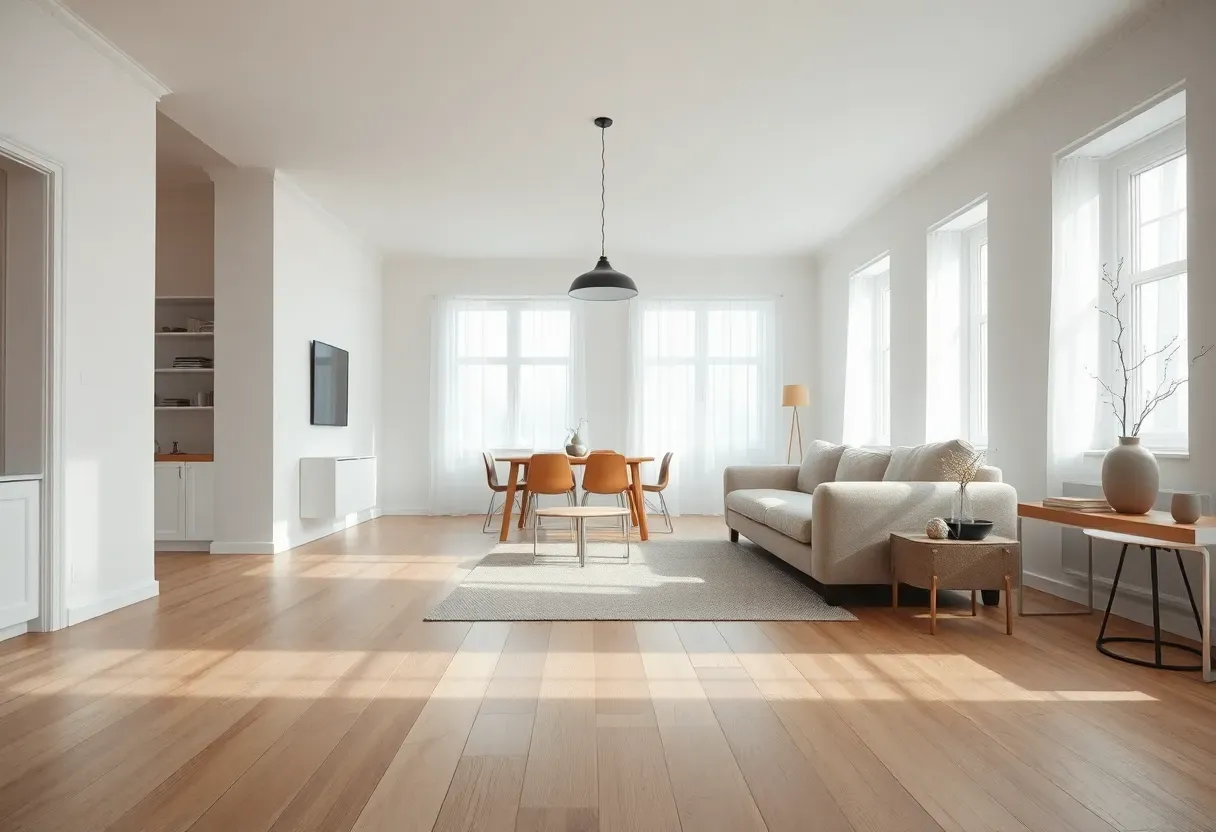 Scandinavian minimalist living room with light wood floors, white walls, and carefully curated furniture