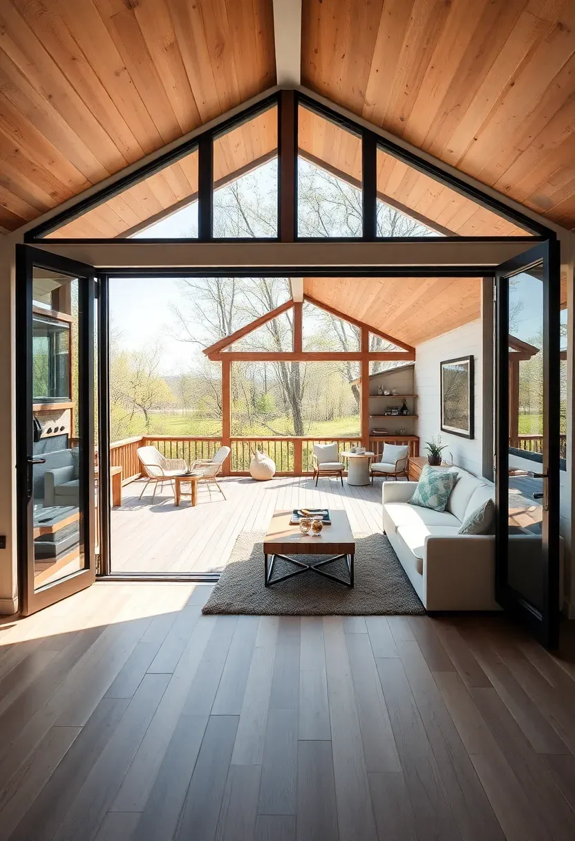 Hyper-realistic 3/4 view of tiny house with dramatically decluttered surfaces, showing kitchen counter with only 3 intentional objects, coffee table with single vase, open shelves with breathing space between items, white walls, light oak floor, feeling of expansive spaciousness. Materials: white surfaces, light oak floor, white ceramic vase, single brass object, wood cutting board. Bright natural light, soft shadows, surface emptiness emphasized.</p>